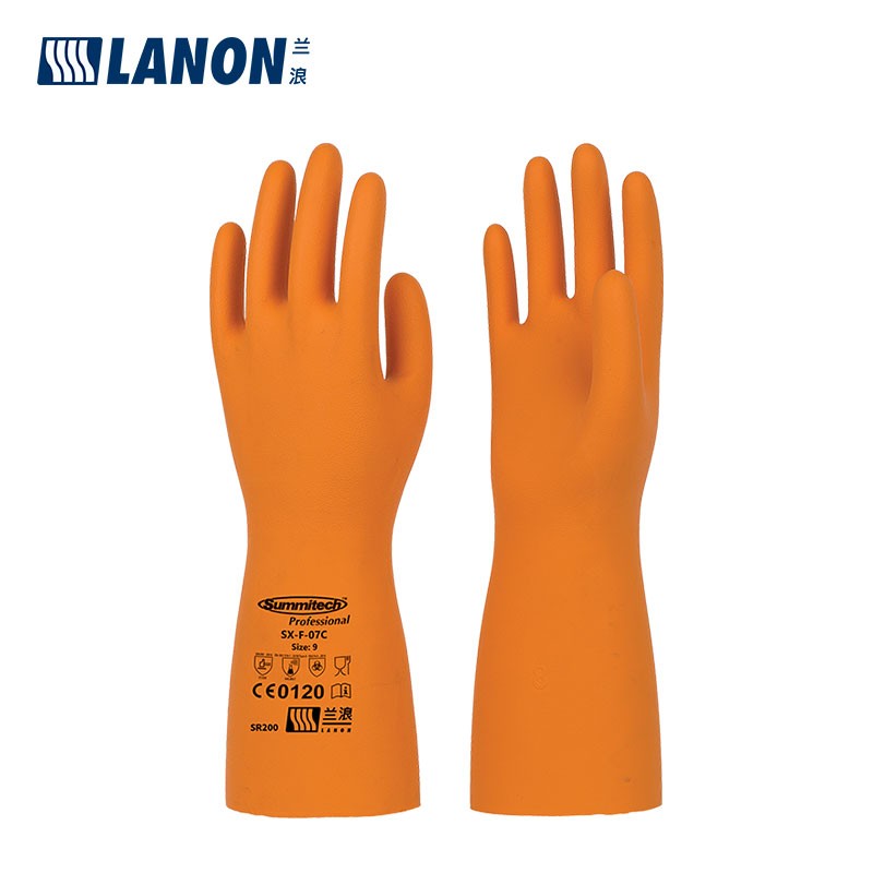 兰浪（LANON）SR200 进口天然橡胶耐酸碱工业手套乳胶植绒实验室防化耐腐蚀防污清洁劳保防护