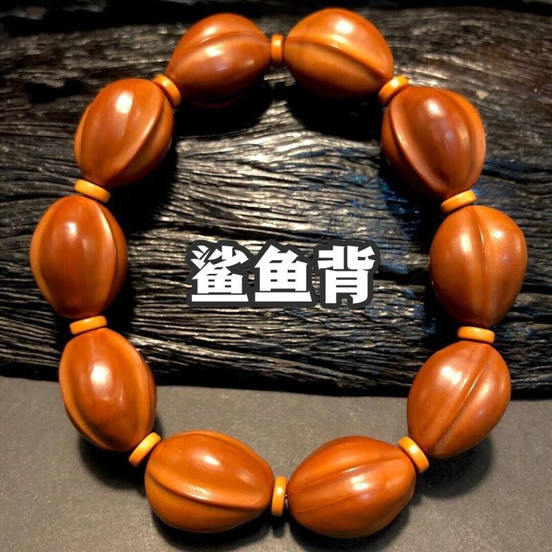 牧思 橄榄核雕刻鲨鱼背手串手 工素核光珠手链 水晶核单圈手持 单籽男