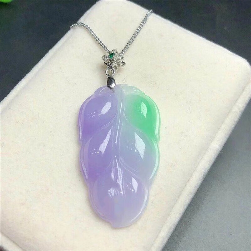 佩曼 翡翠紫罗兰吊坠冰种透飘阳祖母绿春彩叶子玉吊坠缅甸老坑女