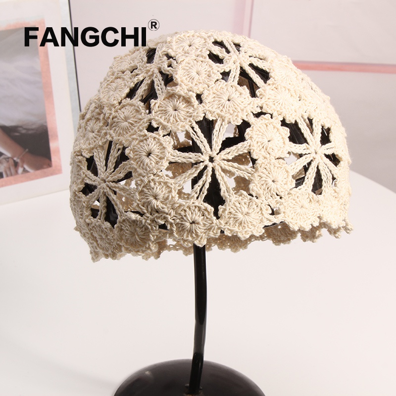 fangchi 钩花帽子女夏薄款花朵镂空手工针织瓜皮帽头巾帽包头帽毛线帽
