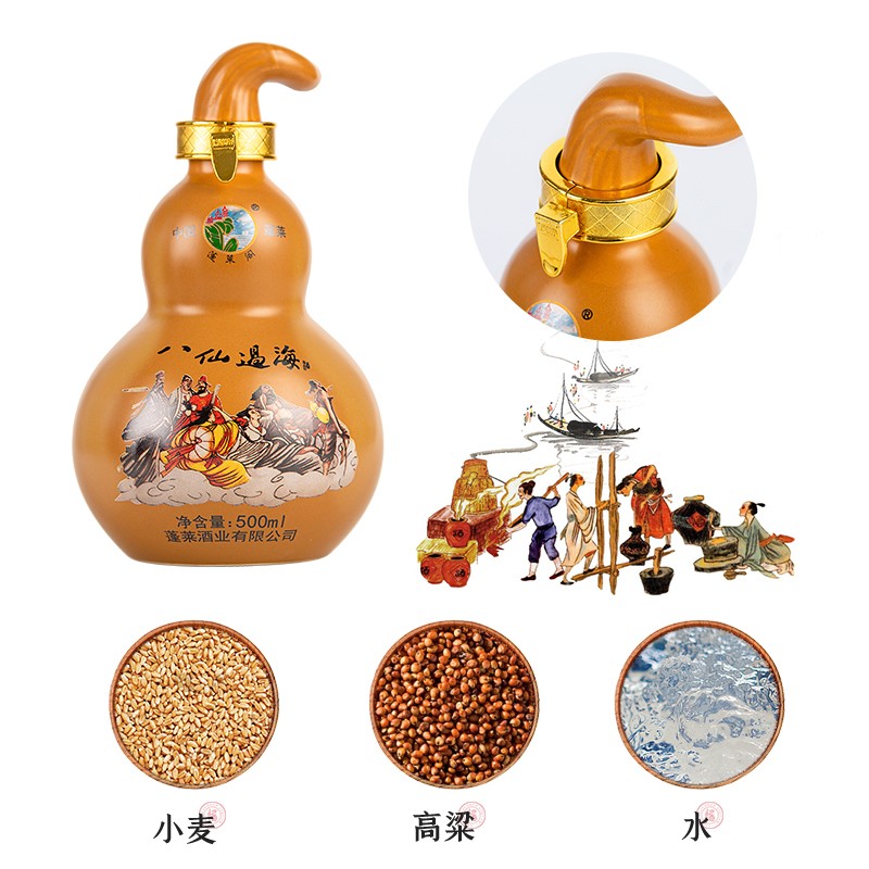 蓬莱阁纯粮白酒山东蓬莱阁八仙过海金葫芦木盒礼盒浓香型53度500ml*2