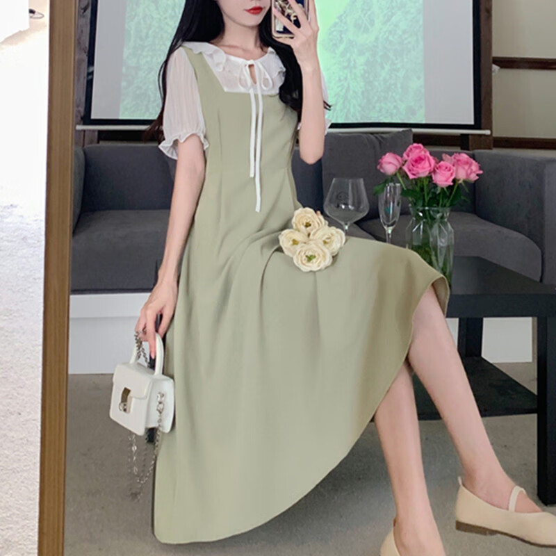 达圣派温柔风淑女连衣裙见家长衣服女夏季设计感短袖拼接长款背带裙子