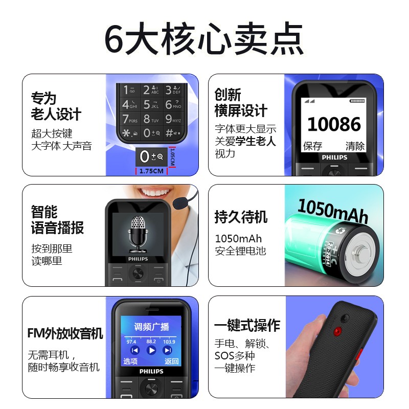 飞利浦（PHILIPS）E163K 炫酷红 移动联通2G 老人手机 双卡双待 超长待机 老年手机 儿童手机 学生备用功能机