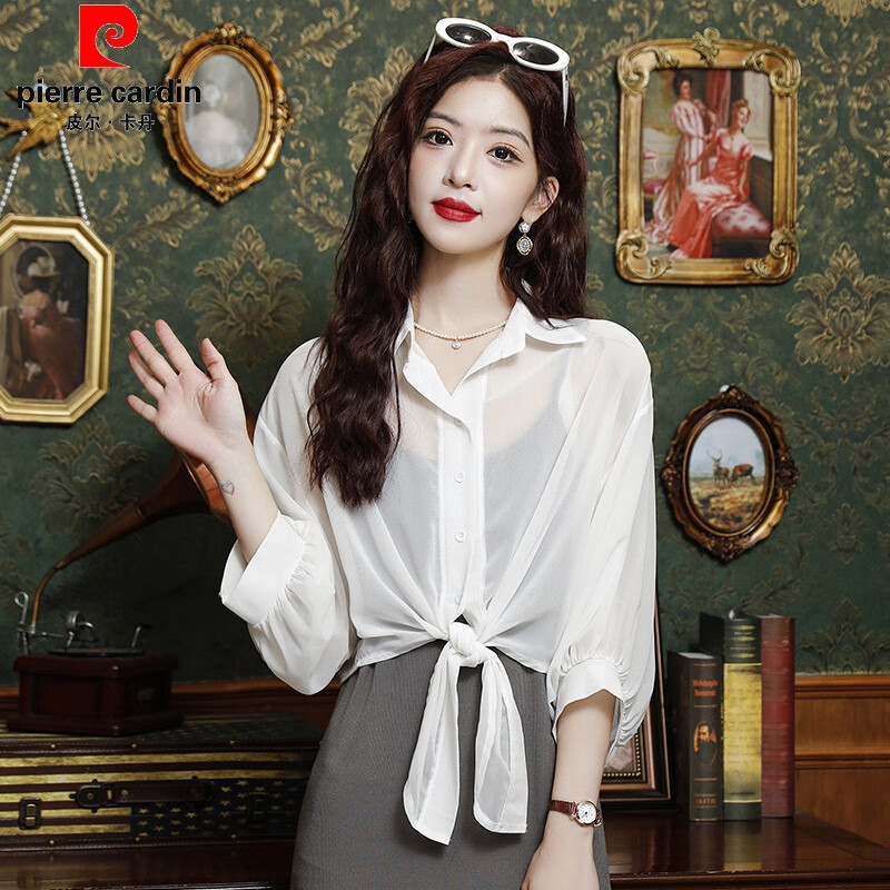 皮爾卡丹（pierre cardin）防曬衣女開衫外搭夏季薄款2024新款七分袖雪紡防曬襯衫小披肩外套 白色 均碼
