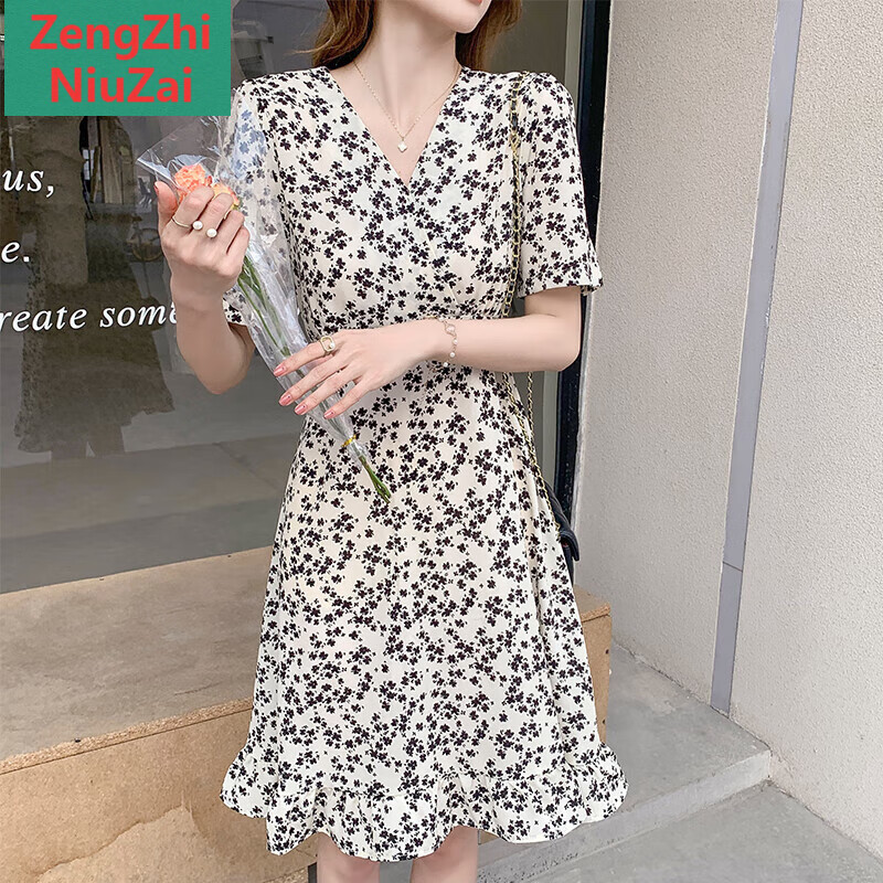 ZENGZHI NIUZAI新款连衣裙女夏雪纺连衣裙2025新款夏黑色碎花小个子收腰轻熟风 白色 S