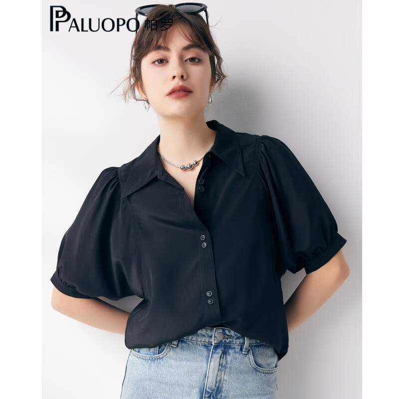 帕罗（PALUOPO）【慵懒气质】夏季季真丝衬衫领质感纯色泡泡袖桑蚕丝女士上装衬衣 黑 M (160/84A)