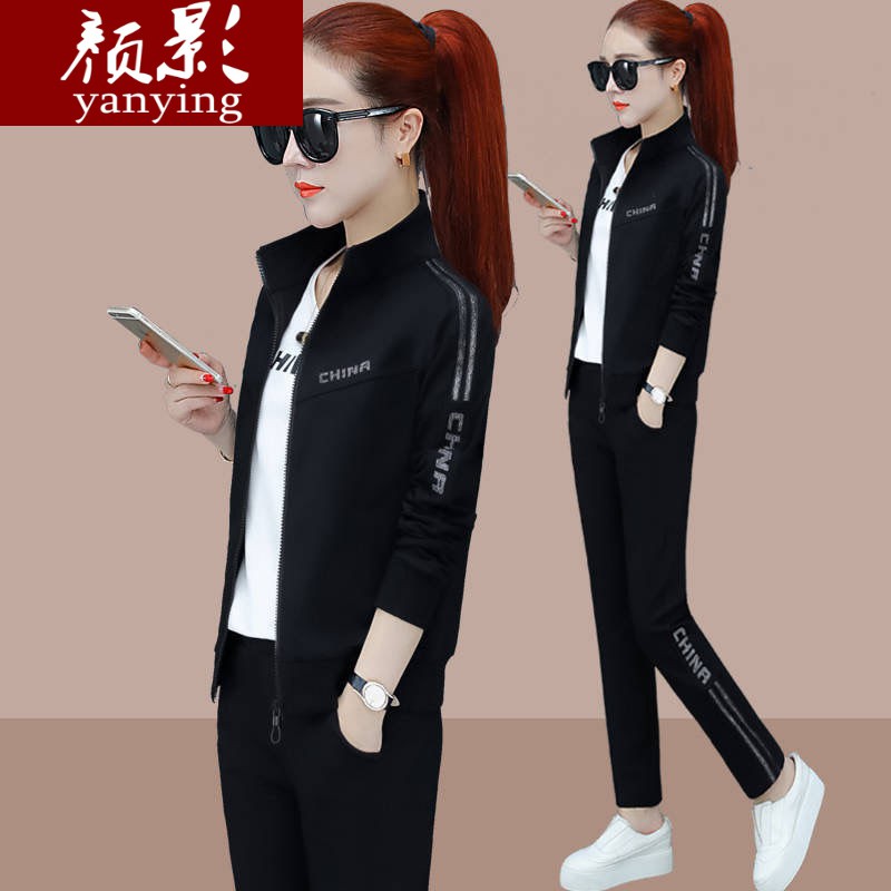 套装女春秋2021新款潮大码卫衣三件套韩版宽松跑步运动服女装运动套装