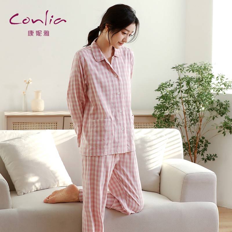 康妮雅（Conlia）睡衣女春秋季纯棉双层纱女士家居服长袖经典格子休闲套装可外穿 粉白格（春秋薄款） L