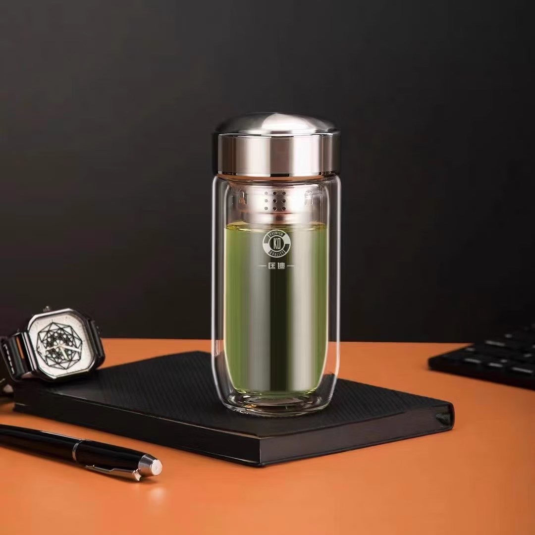 匡迪玻璃杯男士大容量双层加厚泡茶杯车载办公便携耐热防烫茶水杯
