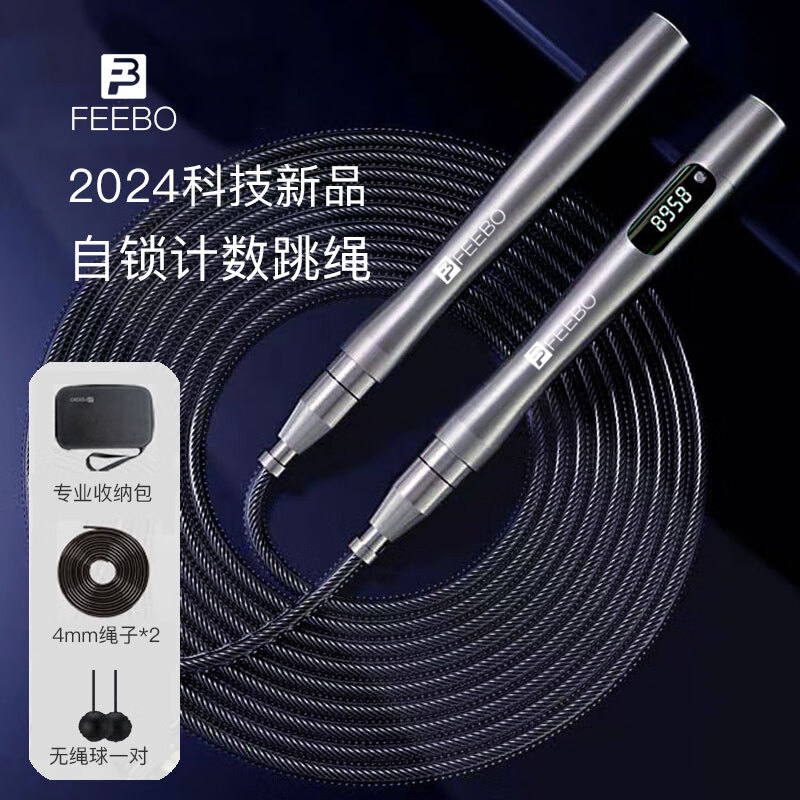 FEEBO跳绳计数无绳自锁专业双轴承可调成人健身中小学生竞速运动钢丝绳 自锁双轴承充电计数-FJ6127红色