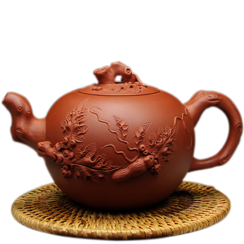 善悅堂 宜興紫砂壺泡茶壺單壺純手工名家中式茶具大容量家用正宗原礦紅泥松鼠葡萄壺500ML