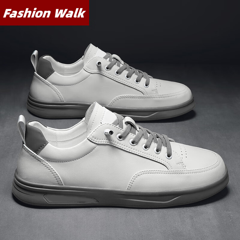 漫步(fashion)男鞋夏季新款时尚百搭休闲板鞋透气小白皮鞋子男 白灰