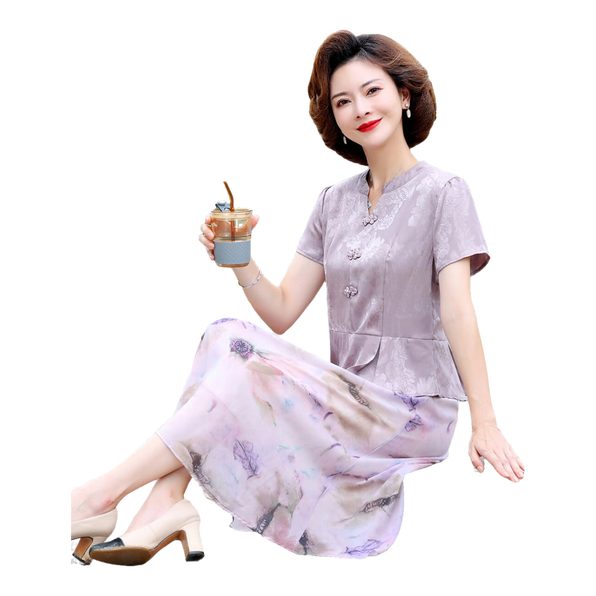 寶蓮朵媽媽裝夏季氣質(zhì)短袖連衣裙中年女夏裝裙子中老年時尚洋氣改良旗袍