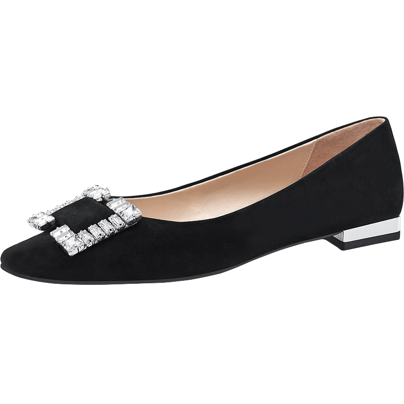 NINE WEST/玖熙單鞋舒適平底方頭淺口閃鉆一腳蹬懶人鞋NF407018SK黑色 38