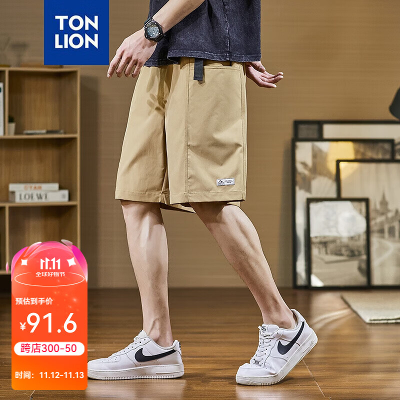 唐狮男梭织脚口小标吊裆宽松休闲短裤wp 深卡其 s
