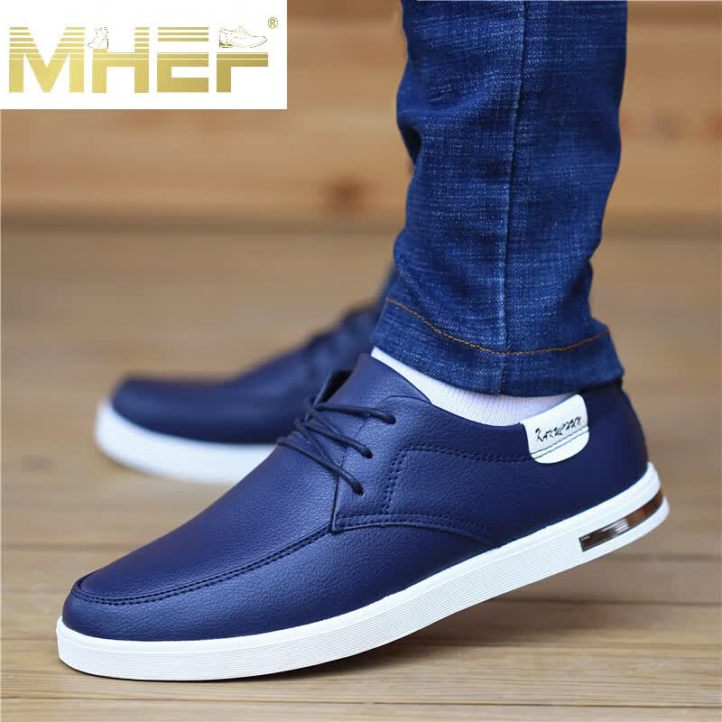 休闲鞋男夏季新款透气软底皮鞋男韩版舒适百搭商务皮面豆豆鞋 深蓝色