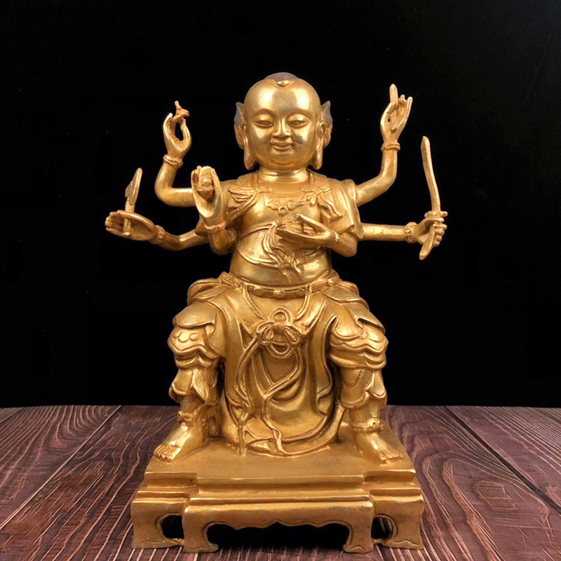 铜人艺巷全铜仿古鎏金三头六臂哪吒三太子铜像工艺品摆件