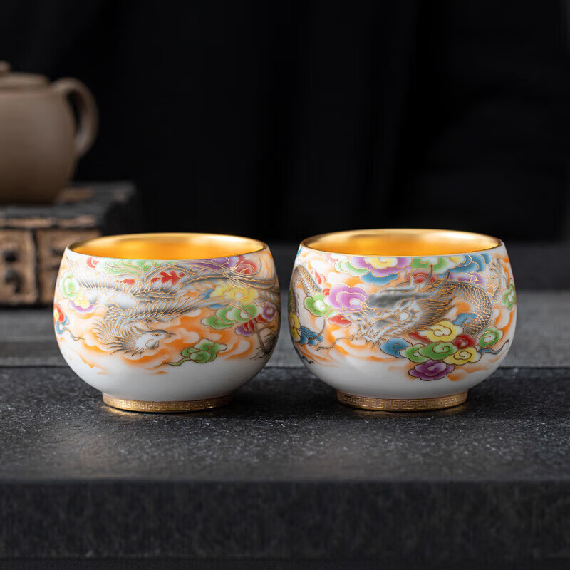Sonwibumn高端24k鎏金龙凤主人杯个人单杯手绘羊脂玉陶瓷功夫茶杯茶碗礼盒 羊脂玉鎏金龙凤对杯礼盒装怎么看?