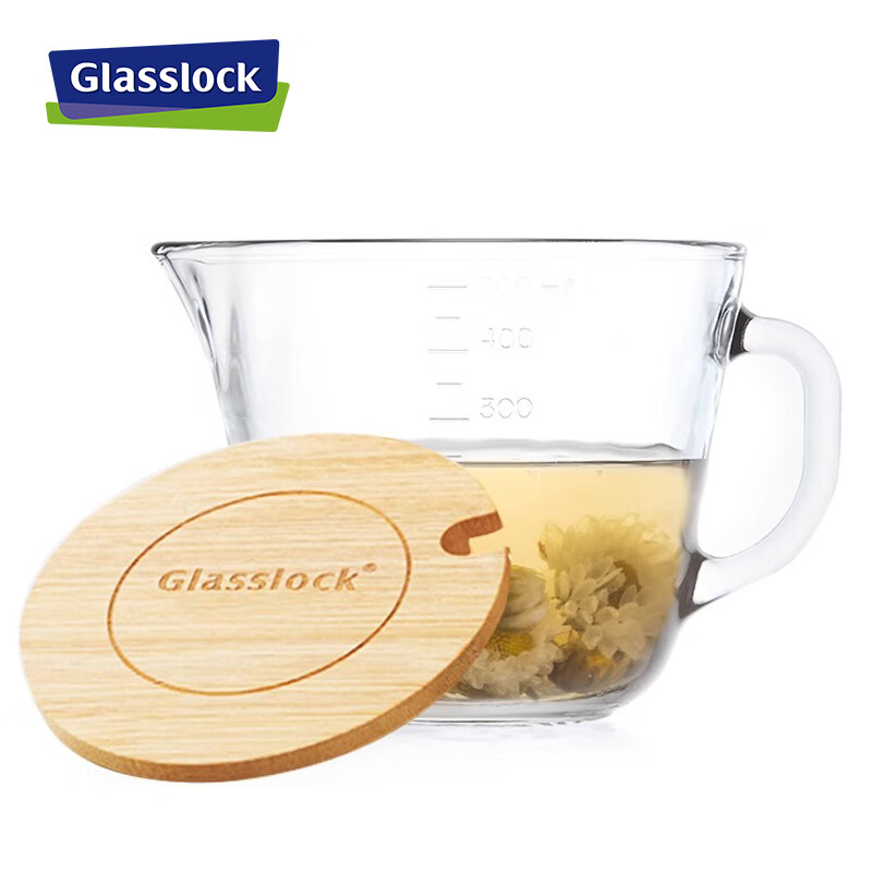 Glasslock韩国进口耐热钢化玻璃牛奶早餐杯带刻度果汁杯可微波炉加热 500ml 带刻度+带木盖