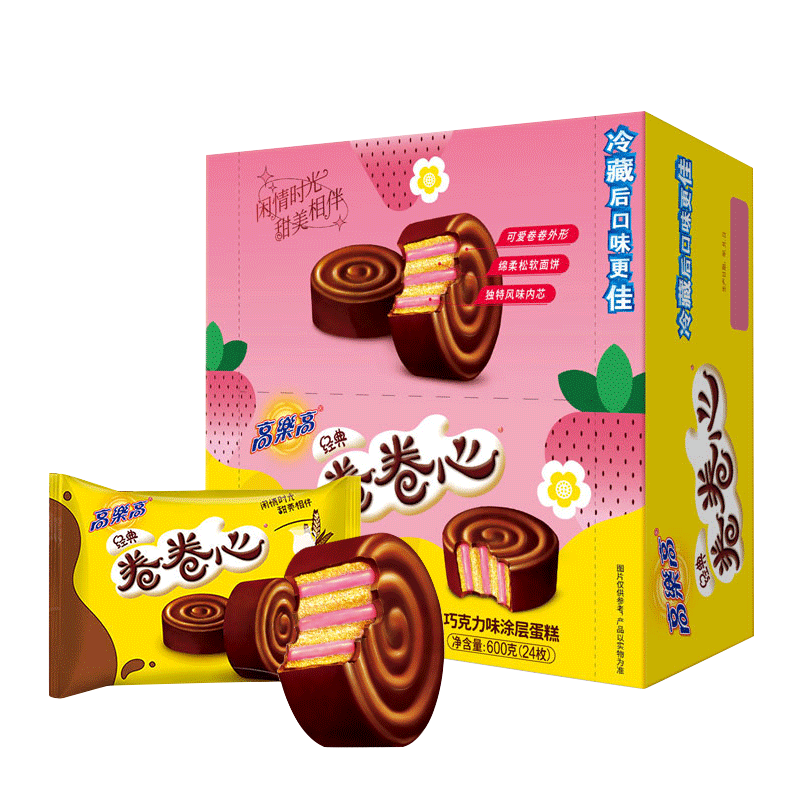 高乐高 卷卷心面包600g24枚草莓味 瑞士卷夹心巧克力涂层蛋糕休闲零食