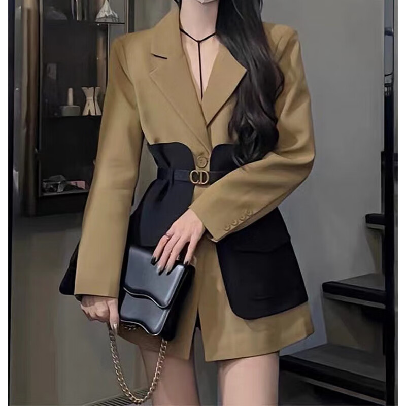 mms严选韩版复古时尚气质中长款撞色拼接西装外套女洋气欧货腰封西服