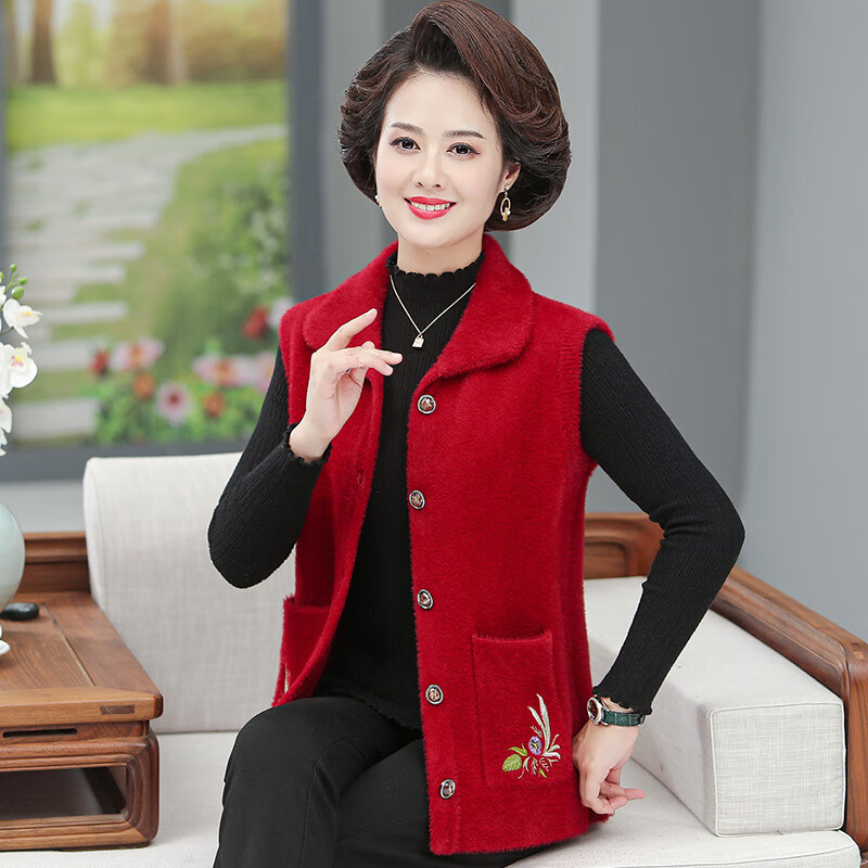 mms)严选洋气妈妈装春秋仿水貂绒马甲中老年人女翻领针织坎肩奶奶绣花