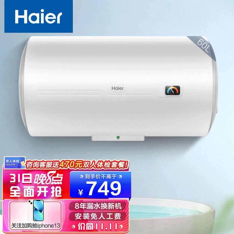 海尔（Haier）电热水器40/50/60升 速热储水式家用洗澡恒温节能小型短款 出租房淋浴器HC3 60升【2-3人】