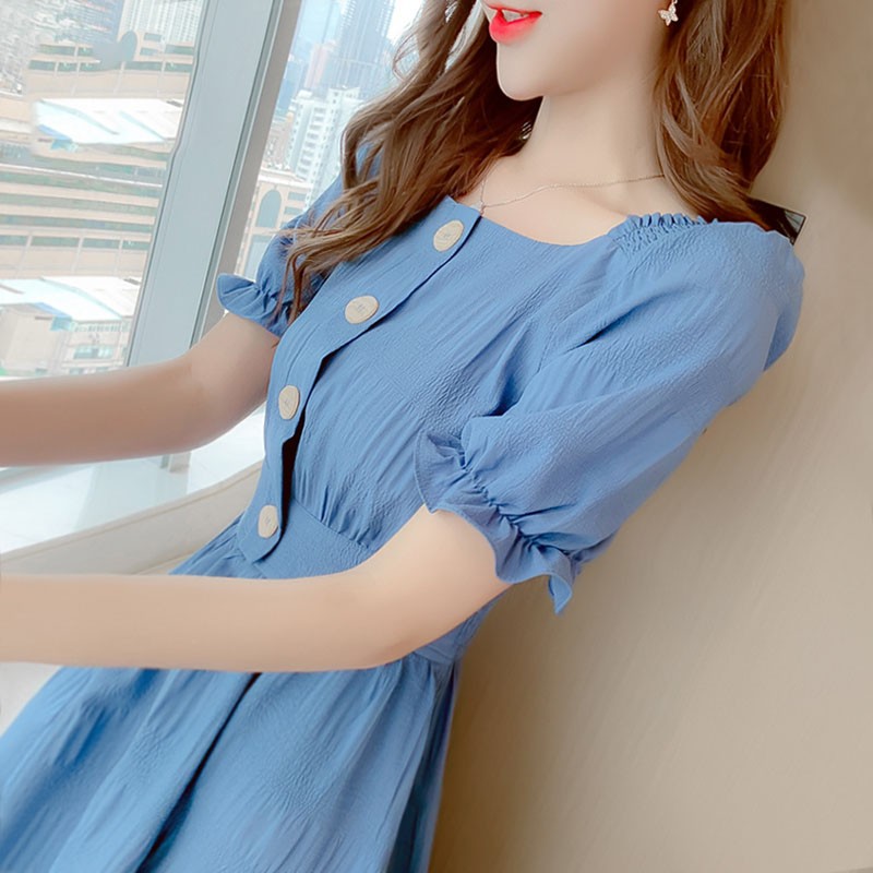 紫伶语 雪纺连衣裙子夏装2021年新款韩版气质小个子显瘦百搭甜美减龄仙女裙子 蓝色 L