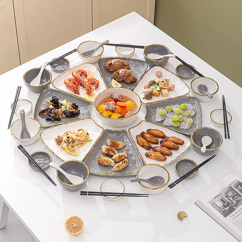 英格丽(INGRI)陶瓷拼盘餐具组合套装家用圆桌团圆家庭聚餐菜盘子碗乔迁新居送礼 双拼汤锅41件套