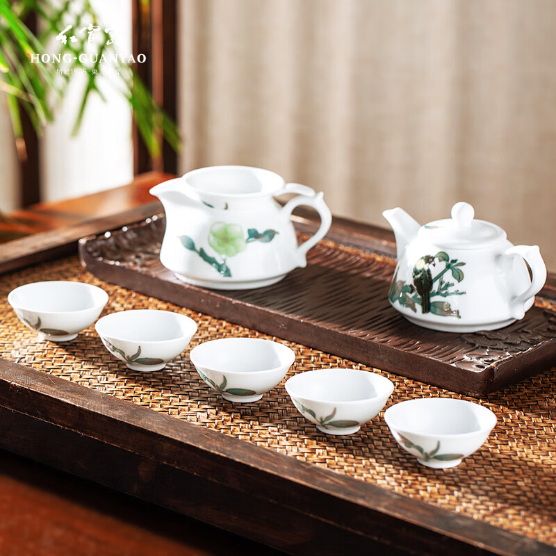 红官窑白瓷茶具套装礼盒釉下彩陶瓷茶壶茶杯醴陵高端手绘创意礼品瓷器 回味9头功夫茶具