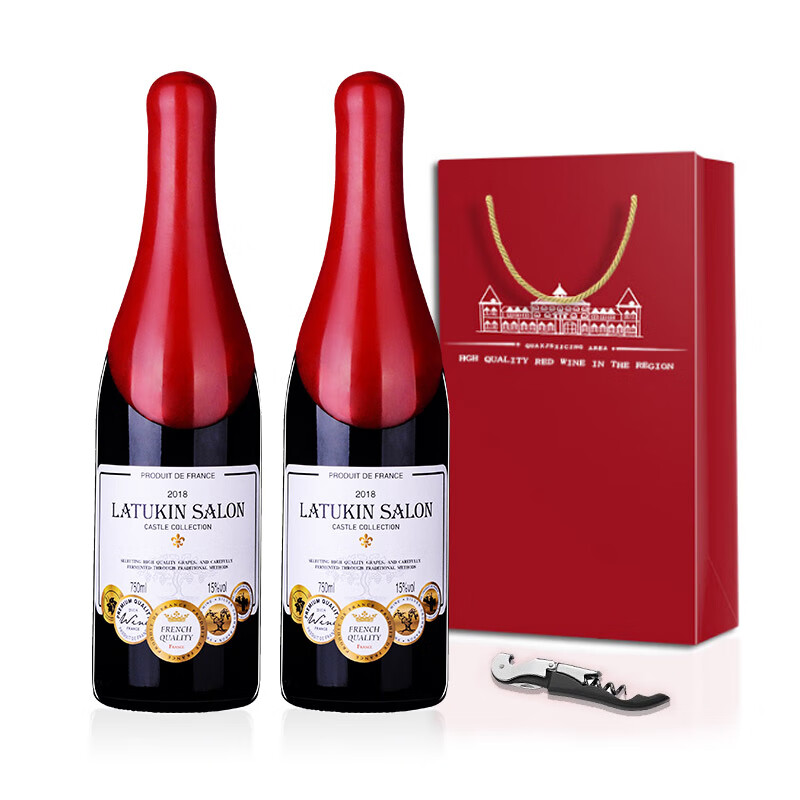法国莱丁堡进口红酒 手工蜡封拉图金萨伦古堡珍藏干红葡萄酒750ml 双支+礼袋