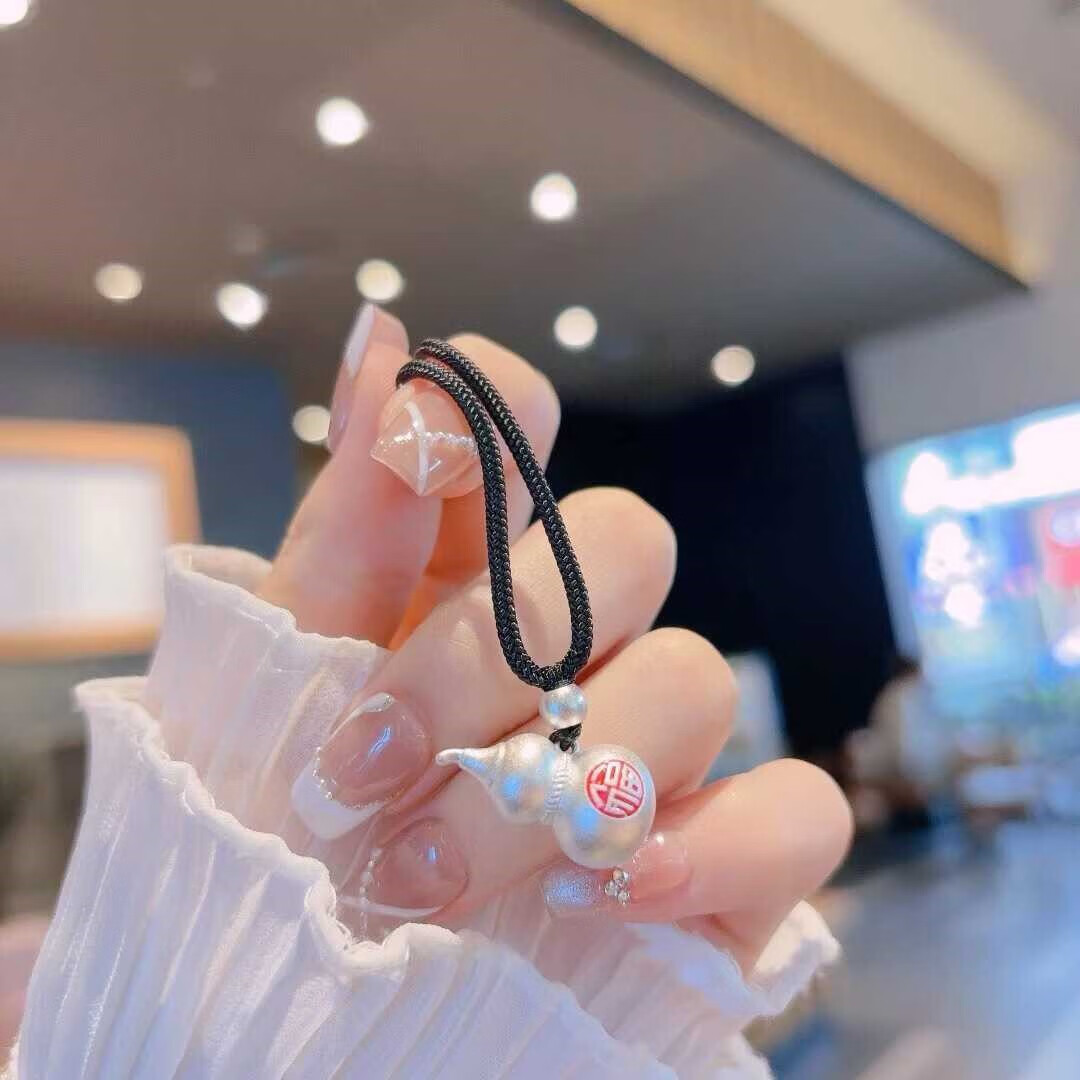 冰菲实心足银999小胖福吊坠银编绳项链女古法磨砂小银坨平安锁毛衣链