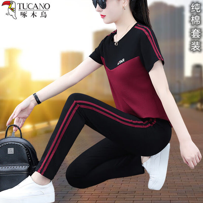 短袖跑步休闲运动两件套 酒红长裤套装5603 m-品牌旗舰女装十大品牌