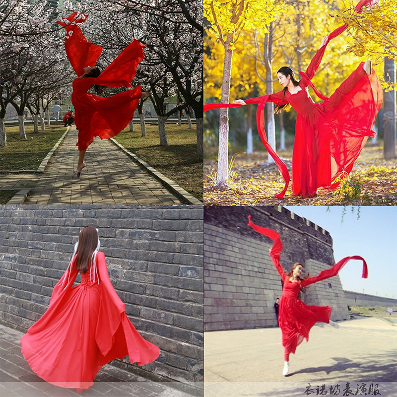 妙微熊古典舞蹈女飘逸现代仙女水袖舞蹈齐胸襦裙写真古装 红色1 红色广袖 XS
