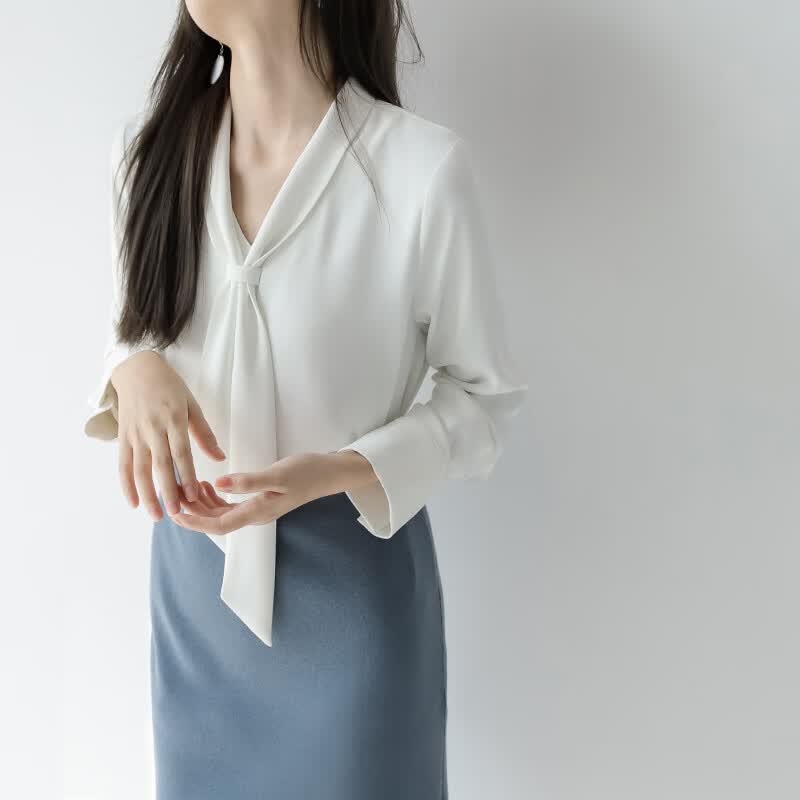 v领职业白色飘带衬衫女吊带裙外搭罩衫春夏披肩衬衣外套领带上衣 白色
