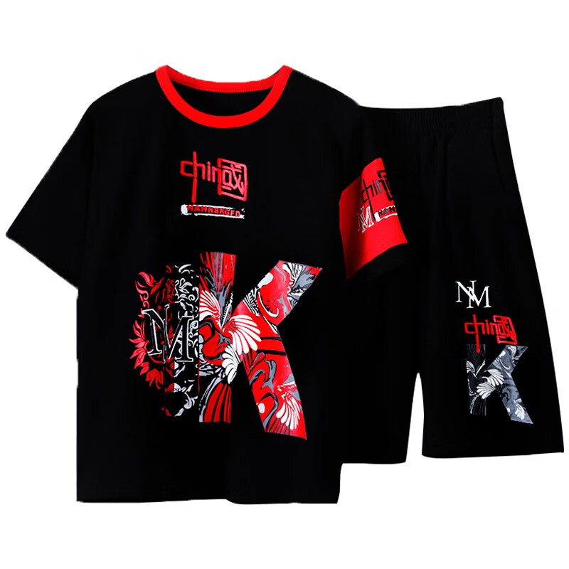 宇龙童话(elongstory)童装短袖男童套装帅气中国风男孩夏天国潮运动儿童街舞衣服裤子 白色夏装套装(衣服裤子) 160 码建议身高1.45-1.5米左右