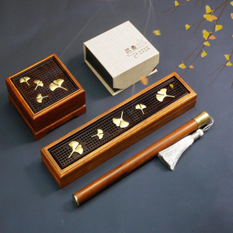 小匠工香炉檀木线香盒盘香盒卧香盒香桶沉香炉室内木制檀香炉香薰炉 银杏叶香盒四件套