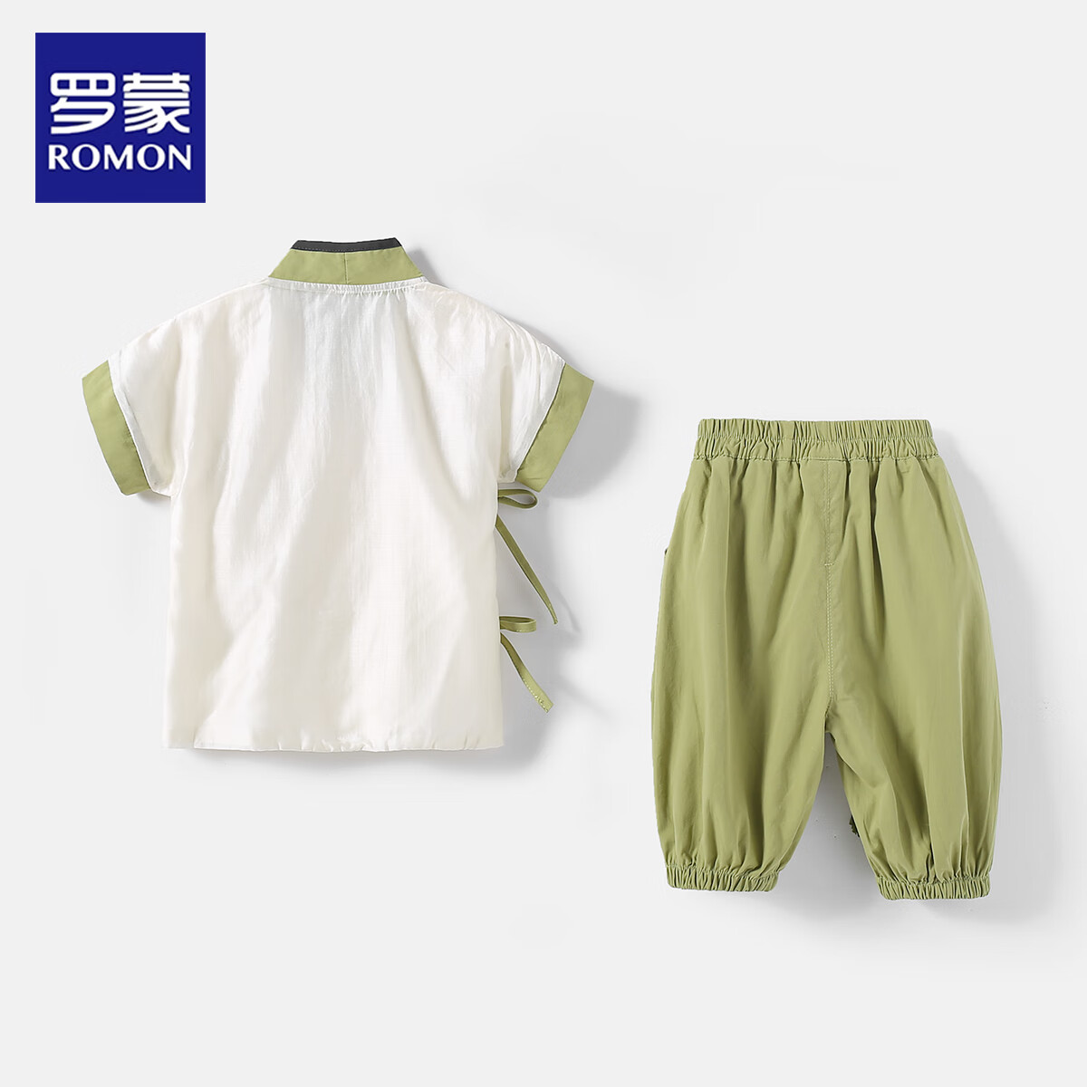 罗蒙男童汉服套装夏季2026新款儿童古装中小童唐装毕业毕业演出服 绿色 【上衣+裤子】 100