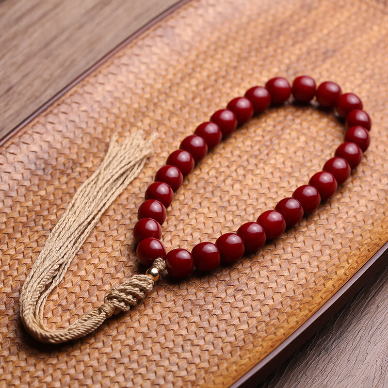 天魅纯手工柿子红朱砂供白玉菩提根手串佛珠手链手持男女桶珠藏式