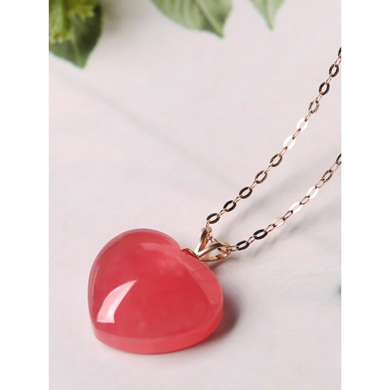 天魅天然冰种红纹石爱心吊坠桃心心形锁骨链18k金镶嵌 瓜子扣】单面