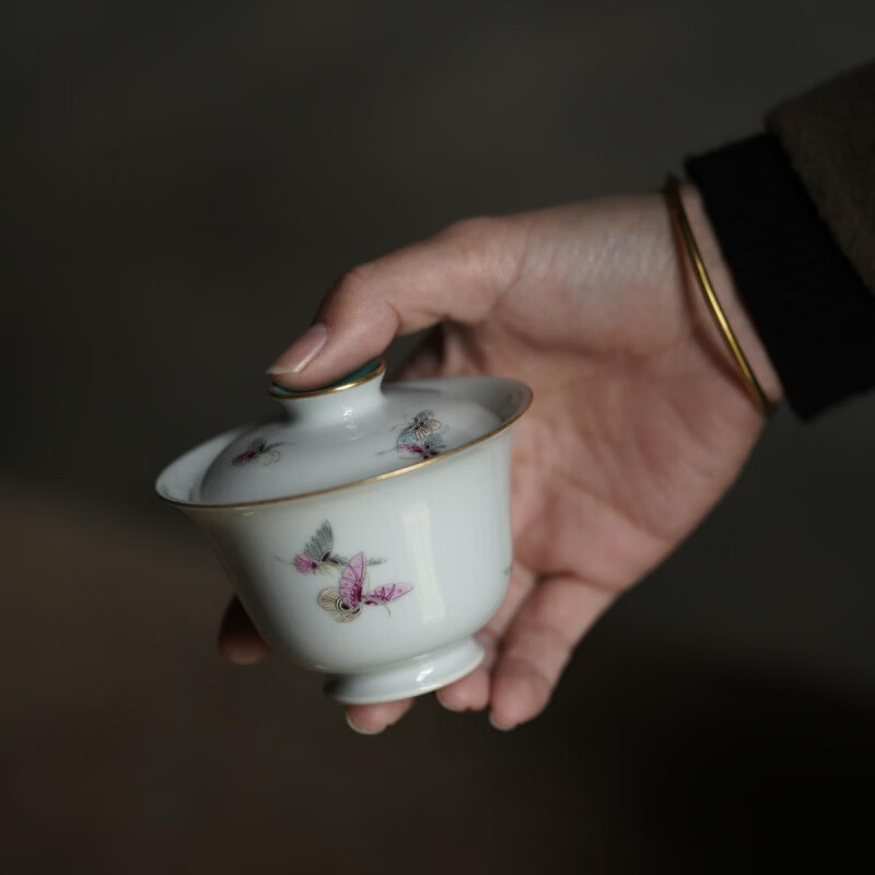 墨珵景德镇赋山堂点青蝶纹盖碗粉彩松石绿描金泡茶碗手绘小号