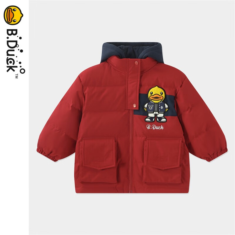 B.Duck小黄鸭童装儿童羽绒服男童冬季工装风加厚保暖冬衣过年拜年服红色 枣红 110 cm
