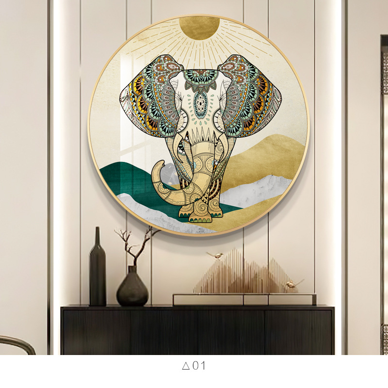 皓涛 现代轻奢圆形玄关晶瓷装饰画 美式新中式客厅餐厅过道大象挂画