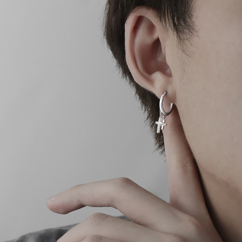 惜礼十字架耳环男士s925银耳钉长款流苏耳坠单只一对生日礼物送男生