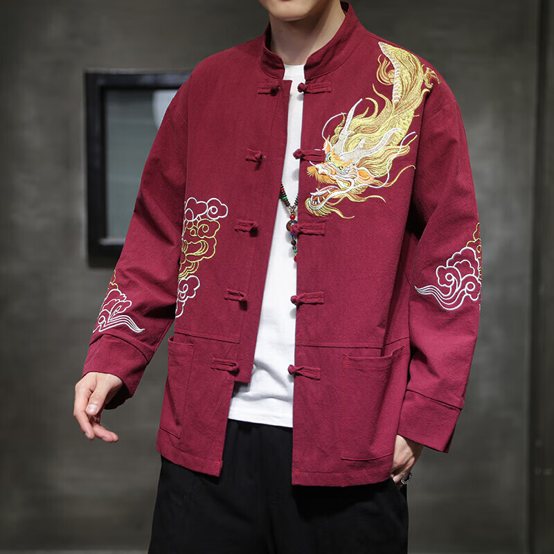 金盾（KINDON）新中式男装中国风外套春季夹克刺绣盘扣唐装上衣中式男装2023新款 红色 XL怎么样,好用不?