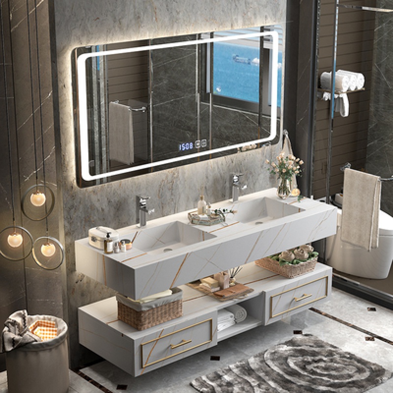 迎客吉（YINGKEJI）轻奢岩板一体盆浴室柜智能镜柜组合简约现代双盆卫生间洗手台盆柜1.8米 上门测量