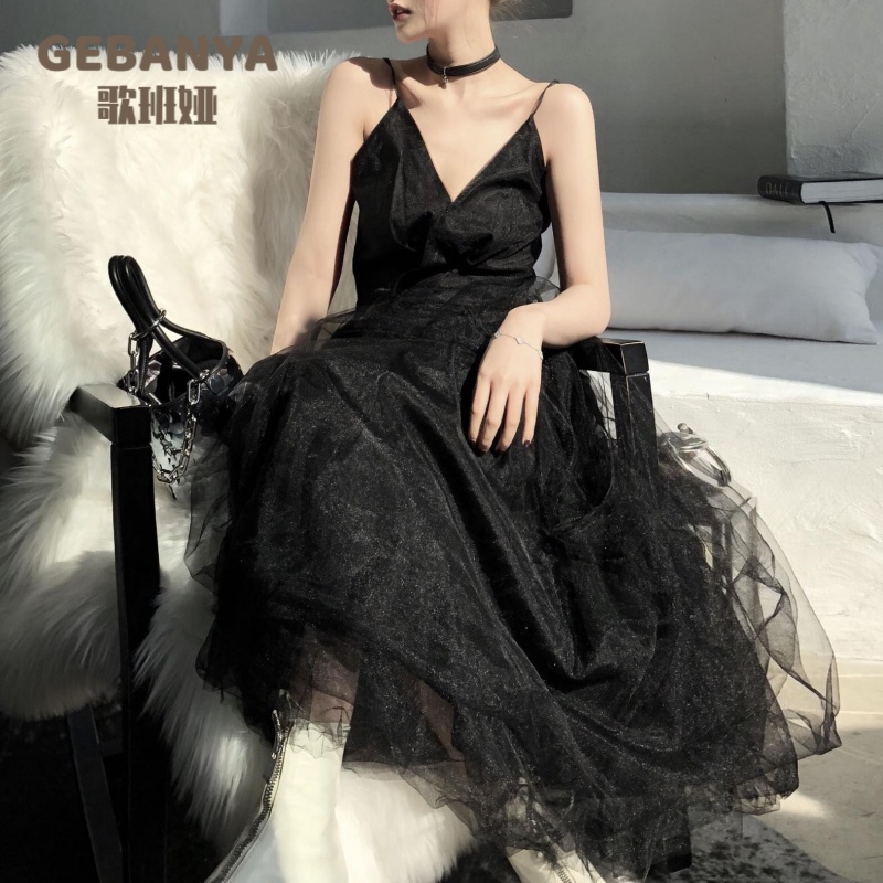 chic黑色长裙超仙女夏吊带裙子度假礼服网纱很仙的法国小众连衣裙