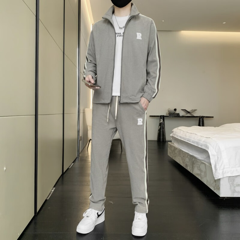 奥利兴男套装一整套全身春季华夫格男士套装春秋季外套男装搭配痞帅气