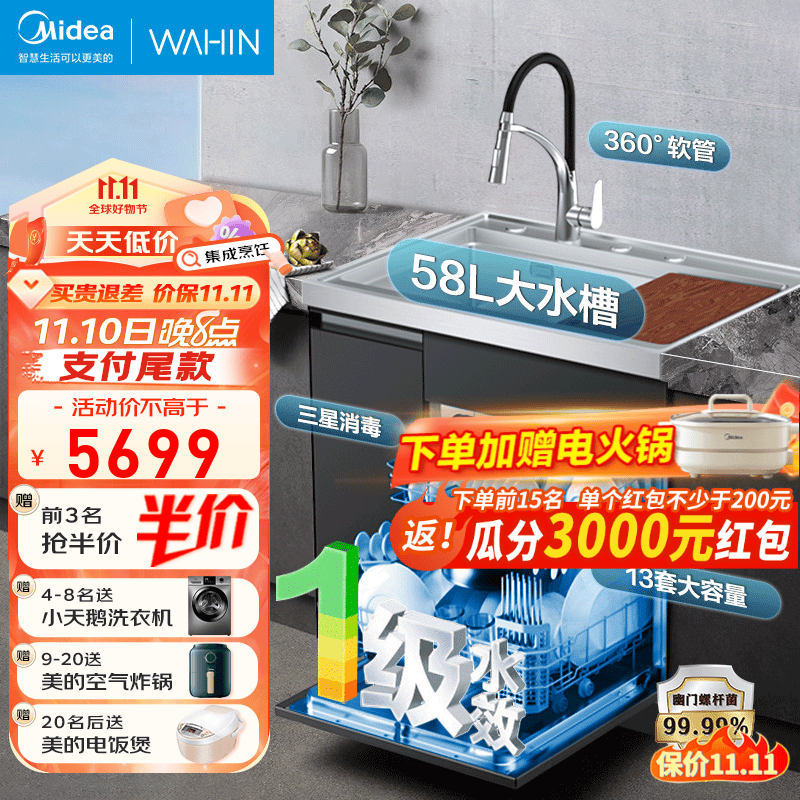 美的（Midea）出品华凌集成水槽洗碗机一体机升级13套大容量 超一级水效 三星消毒 热风烘干 58L大水槽 XH03P 【新升级13套大容量】超一级水效使用感如何?