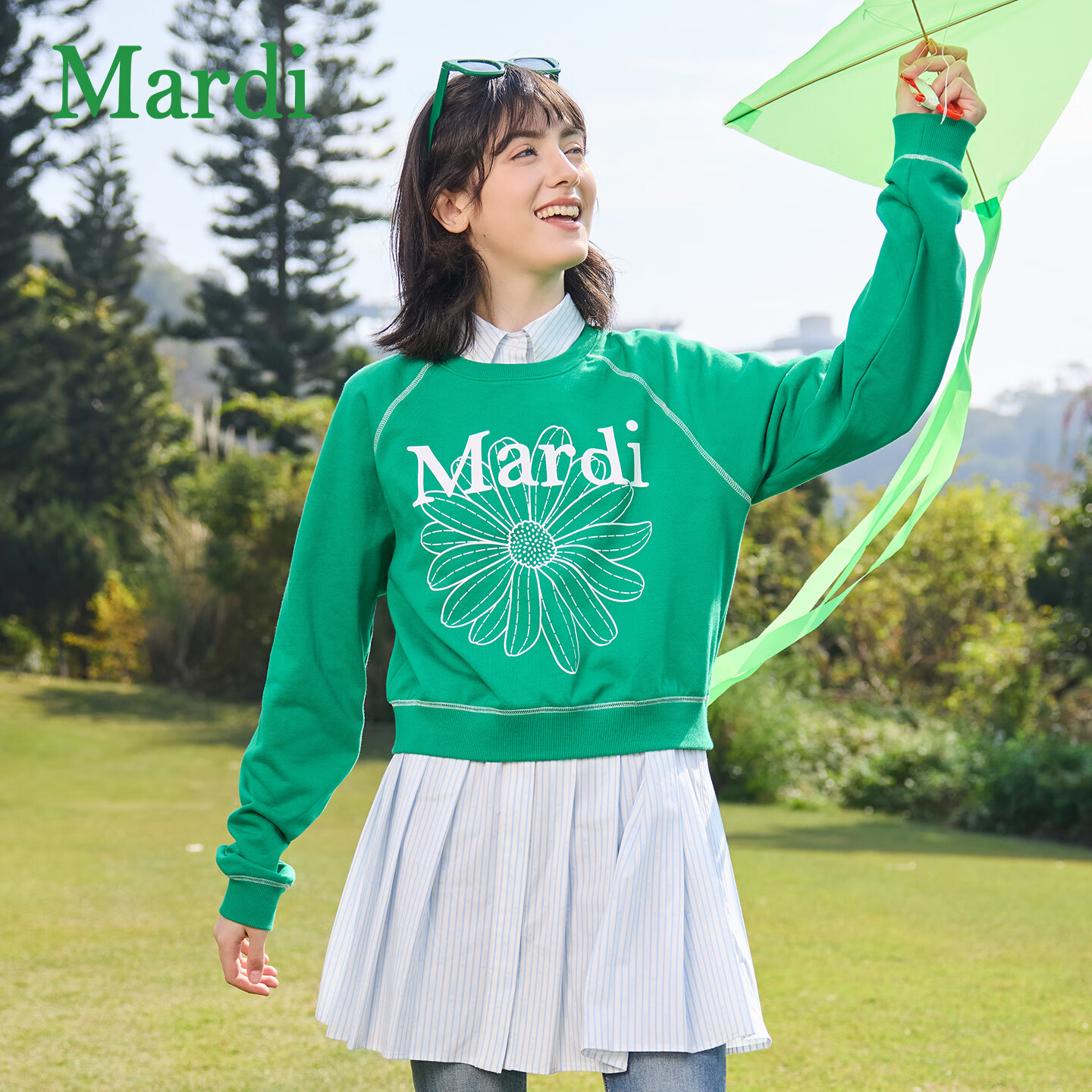 MARDI卫衣女小雏菊2025冬季女装新款印花套头圆领长袖外衣MWY2512104 鲜亮绿 L